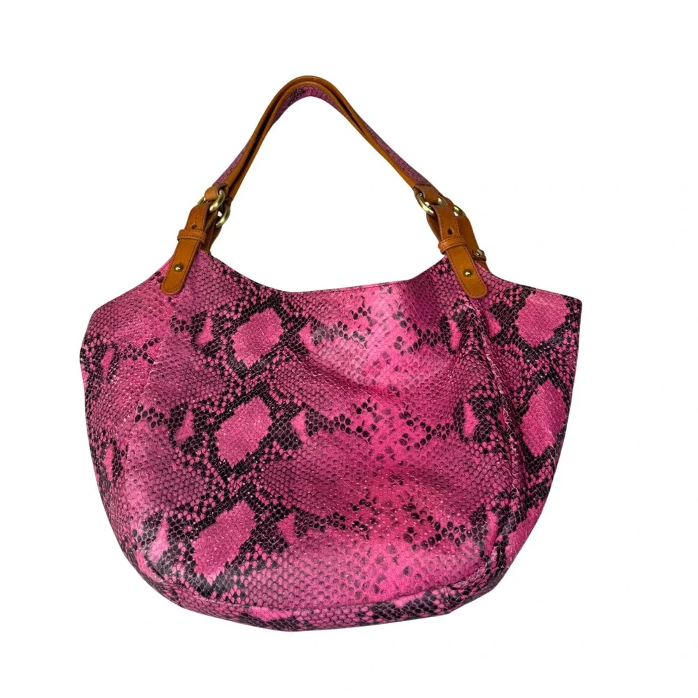 Brahmin Hot Pink Snake Embossed Leather Hobo Bag Y2K Boho Shoulder Purse Large